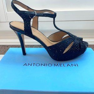 Antonio Melani Size 8 Sparkly Black Platform Strap Sandal Heels!